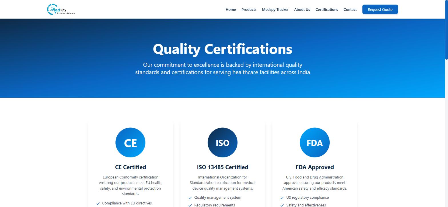Quality Certifications page — CE, ISO 13485, and FDA credentials built to reassure hospital procurement teams.