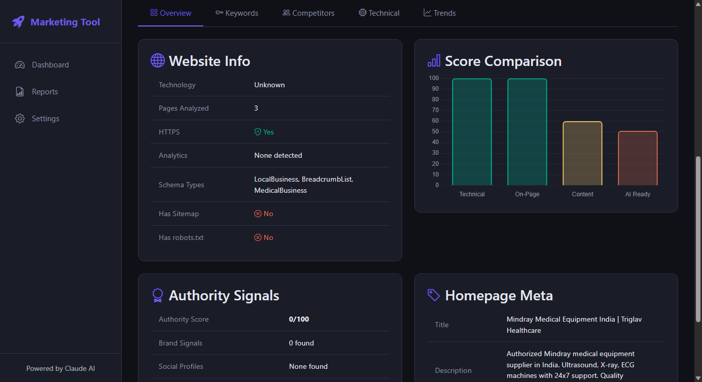 Report Overview — technical, on-page, content, and AI-readiness scores in one view.